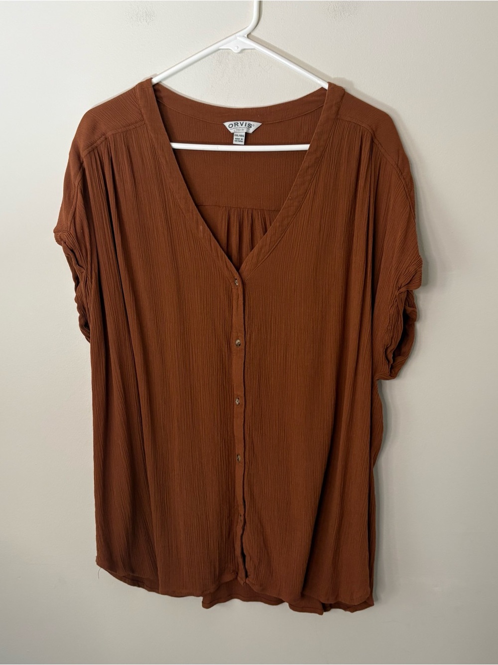 Orvis Women’s XXL 2XL Brown Orange Rayon Top Casual Beachy fall Cottagecore